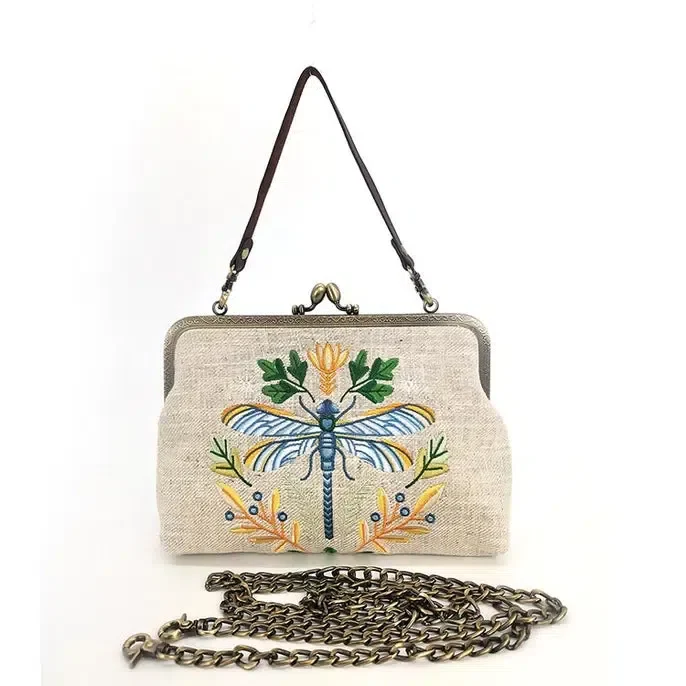Comeco Bag: Kisslock Vintage Beige Dragonfly