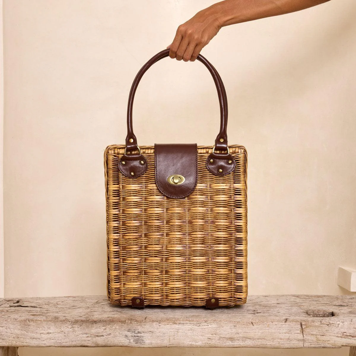The Winding Road Bag: Large Dark Brown Rattan Twist Closure