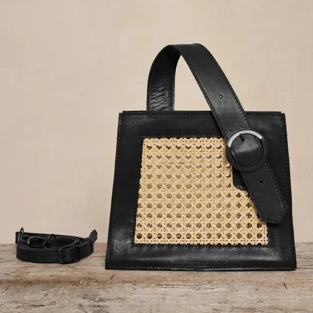The Winding Road Bag: Black Leather & Cane with Buckle